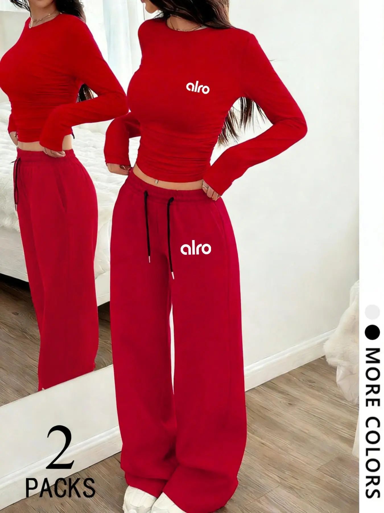 Women's Two-Piece Set, European Style Round Neck Long Sleeve Top, Straight Leg Pants, Comfortable Fabric.