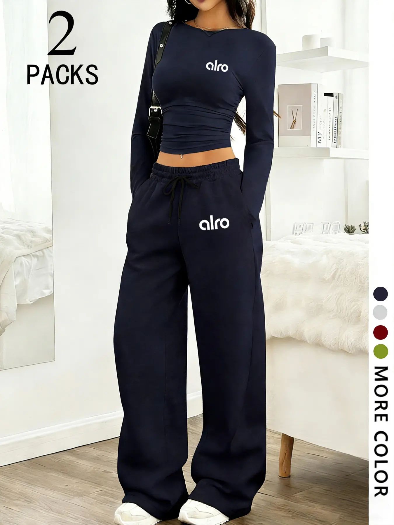 Women's Two-Piece Set, European Style Round Neck Long Sleeve Top, Straight Leg Pants, Comfortable Fabric.
