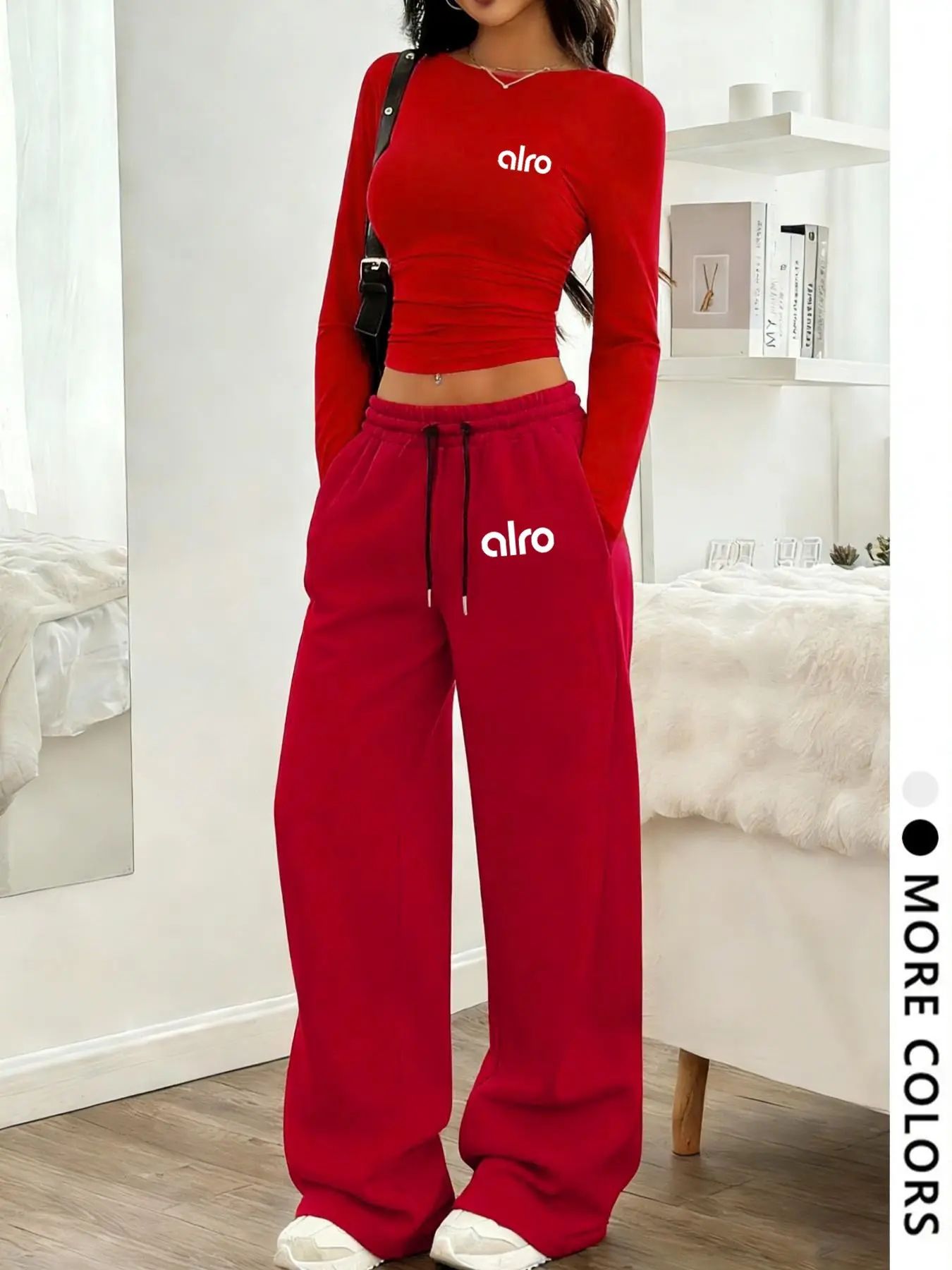 Women's Two-Piece Set, European Style Round Neck Long Sleeve Top, Straight Leg Pants, Comfortable Fabric.