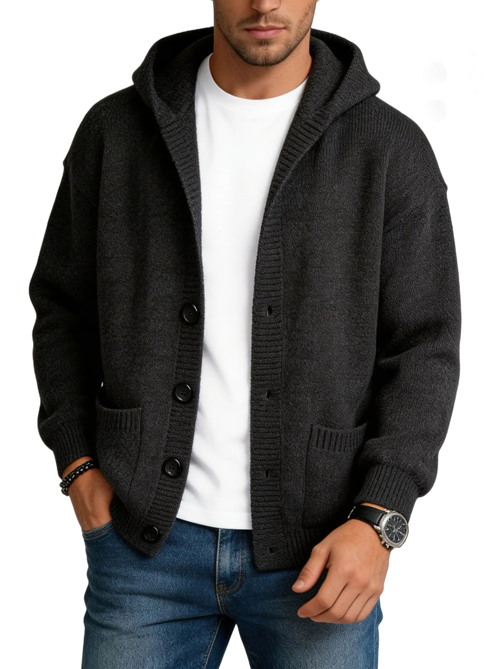 Men's Plain Minimalist Solid Heavyweight Long-Sleeve Buttoned Hood Snap Sweatshirt