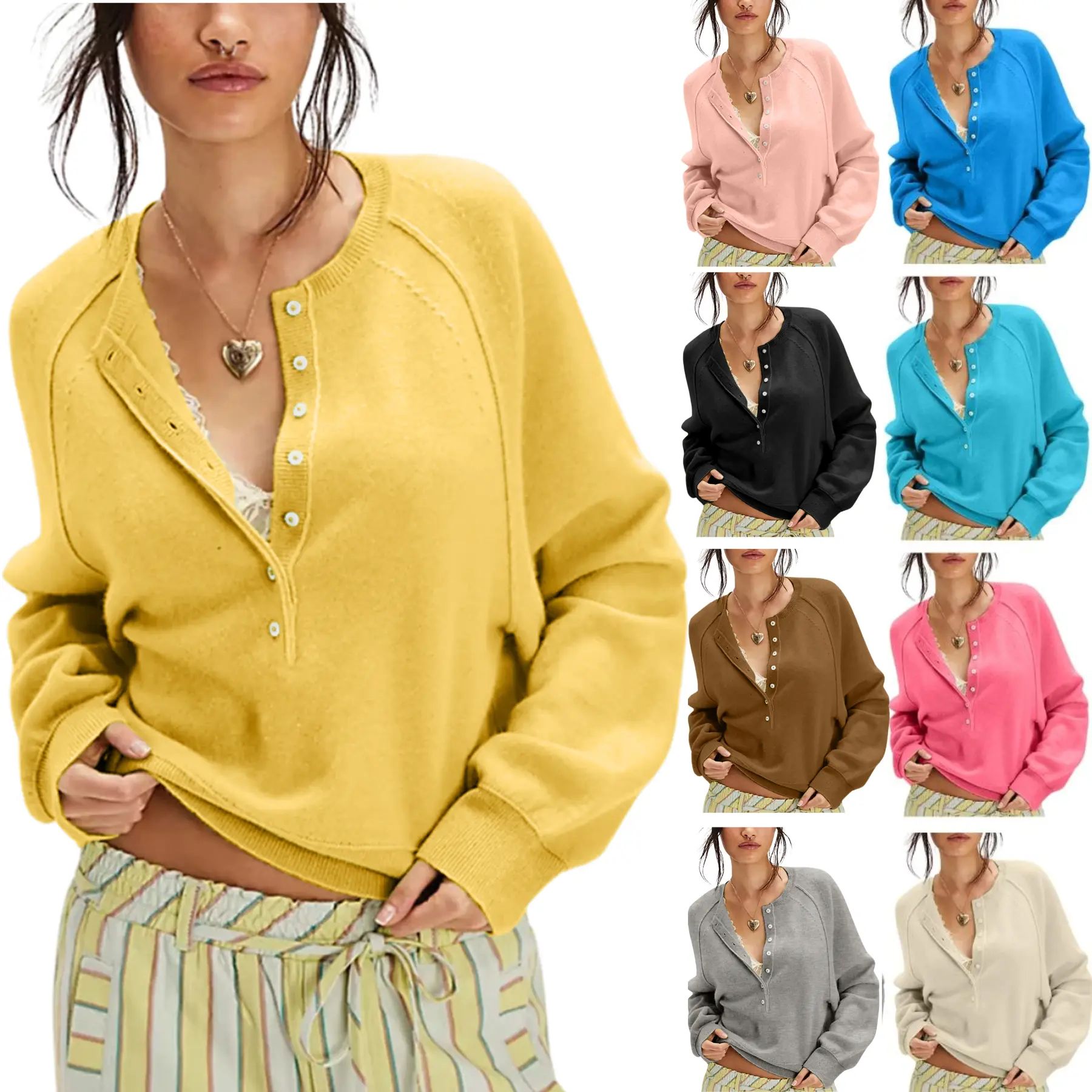 Womens Long Sleeve Knitting Sweater Tops Half Button Sweaters Henley Neckline