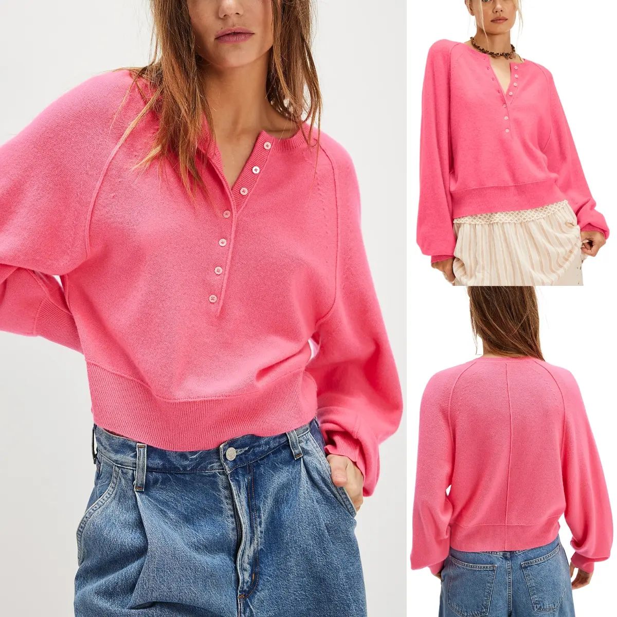 Womens Long Sleeve Knitting Sweater Tops Half Button Sweaters Henley Neckline