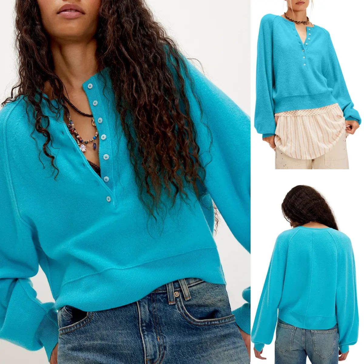 Womens Long Sleeve Knitting Sweater Tops Half Button Sweaters Henley Neckline