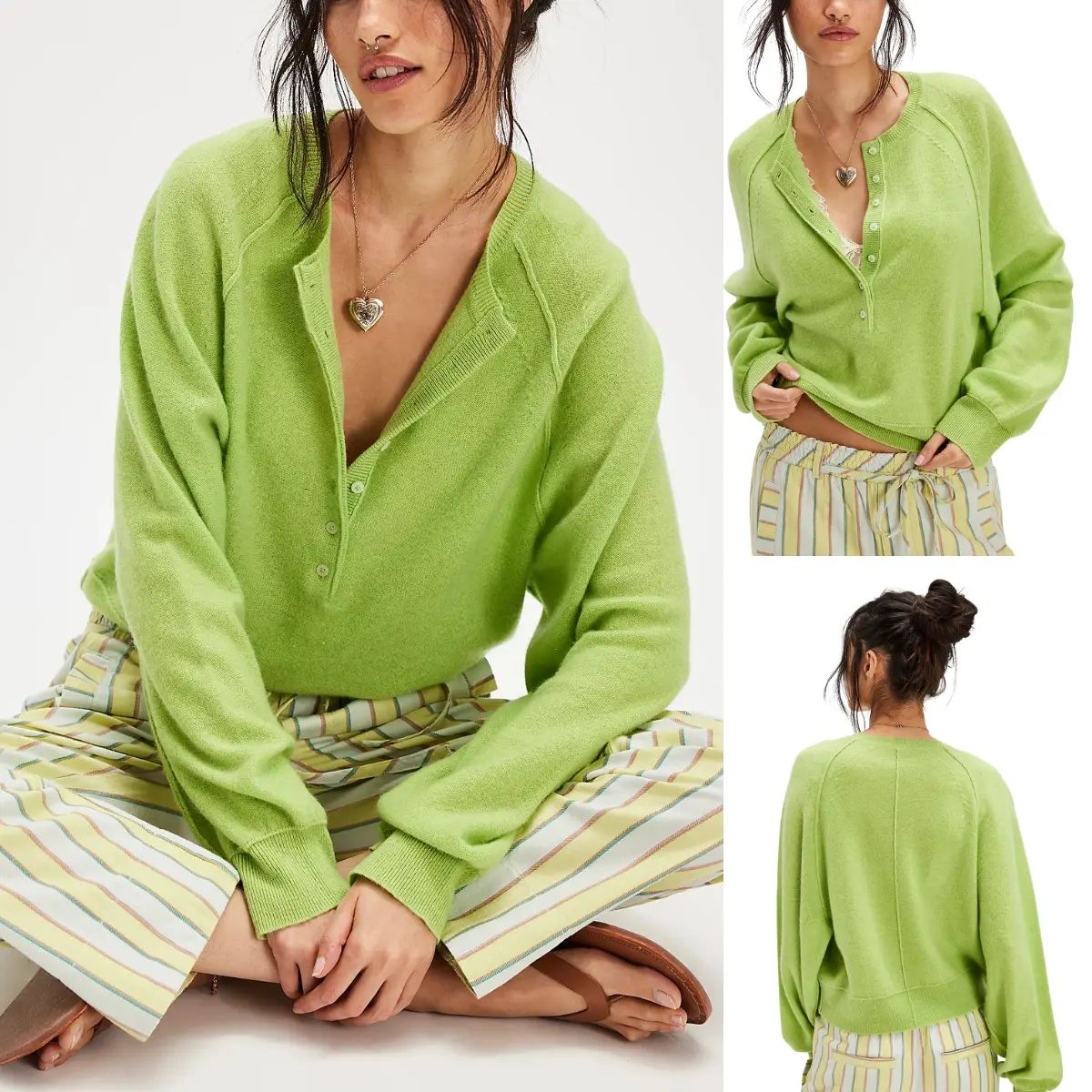 Womens Long Sleeve Knitting Sweater Tops Half Button Sweaters Henley Neckline