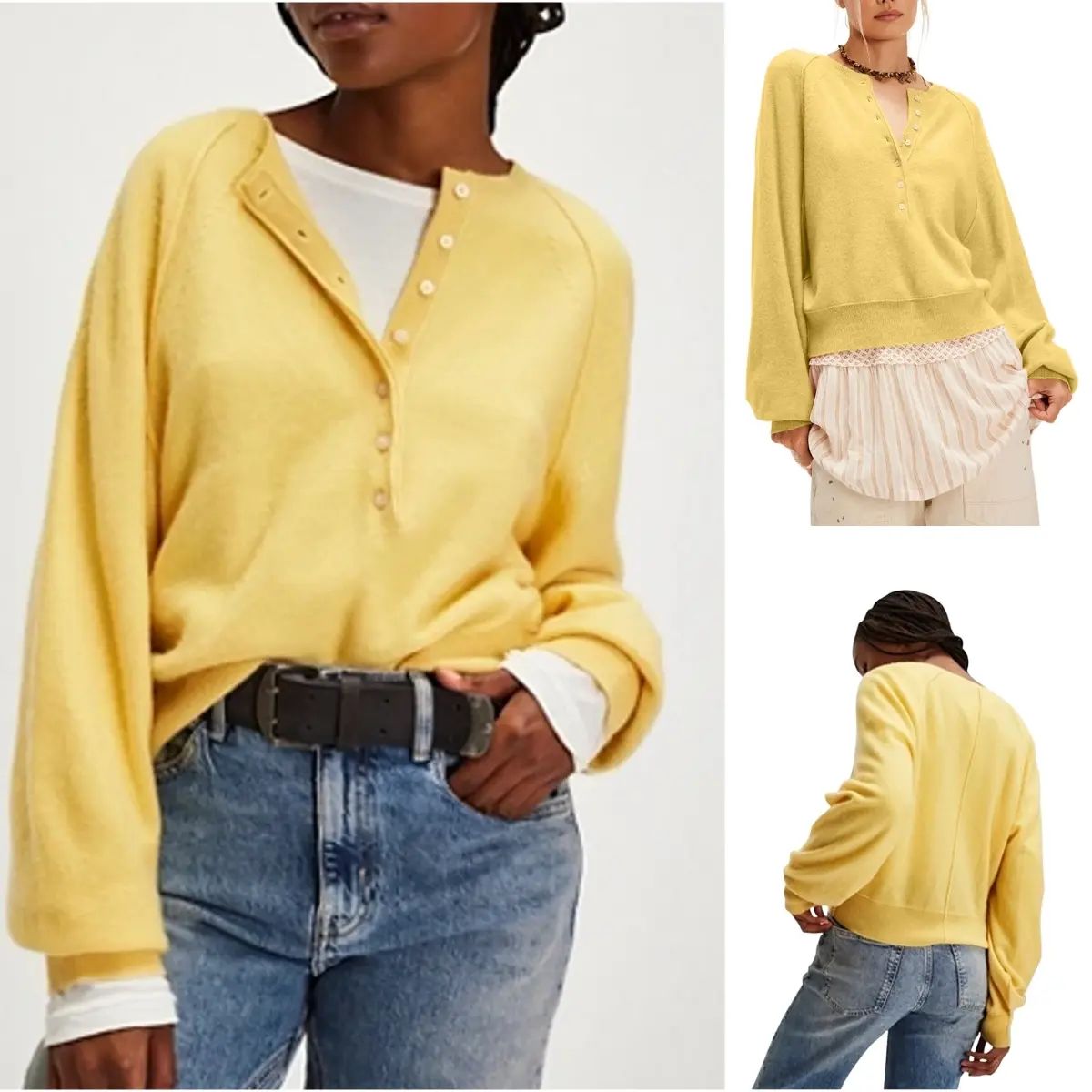 Womens Long Sleeve Knitting Sweater Tops Half Button Sweaters Henley Neckline