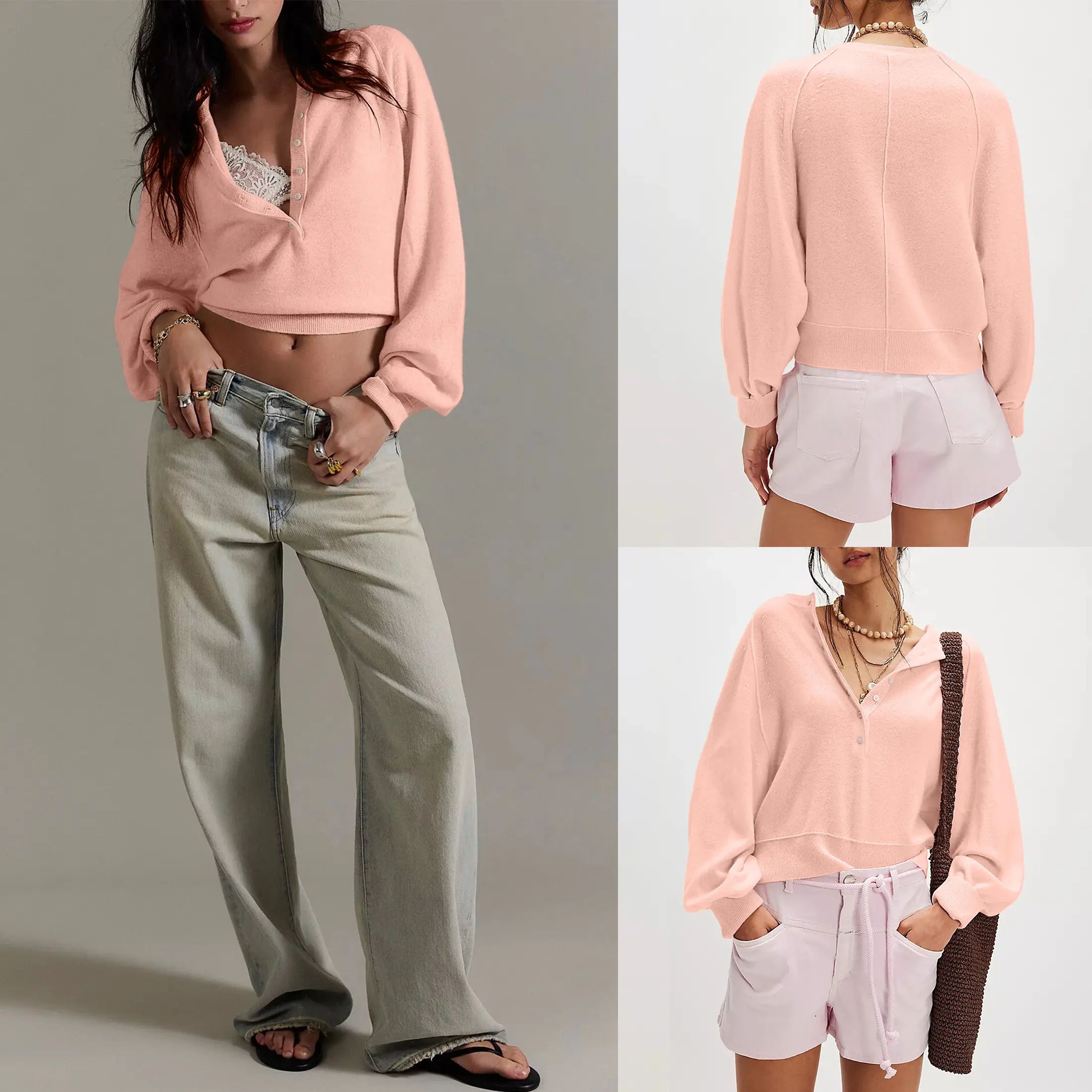 Womens Long Sleeve Knitting Sweater Tops Half Button Sweaters Henley Neckline