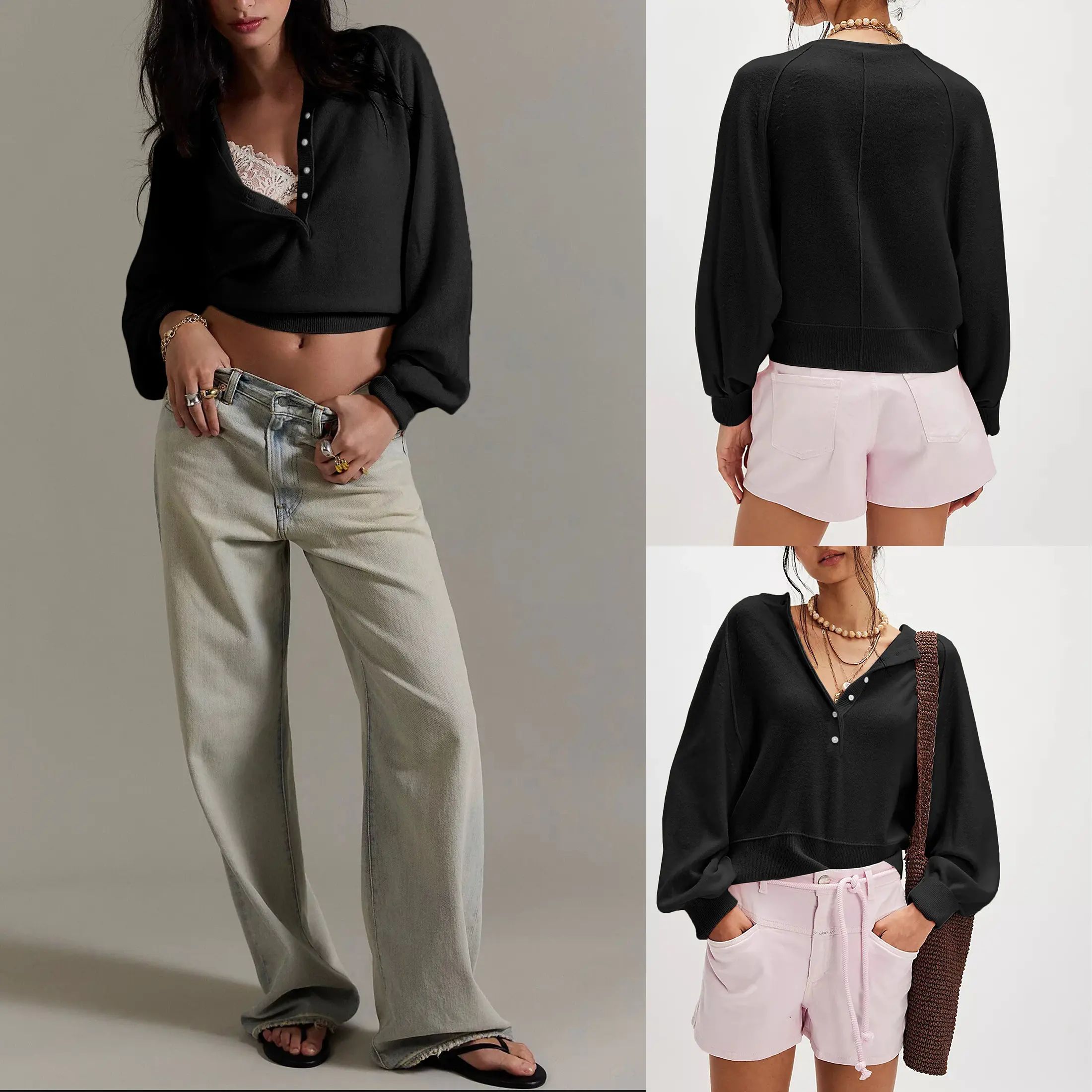 Womens Long Sleeve Knitting Sweater Tops Half Button Sweaters Henley Neckline