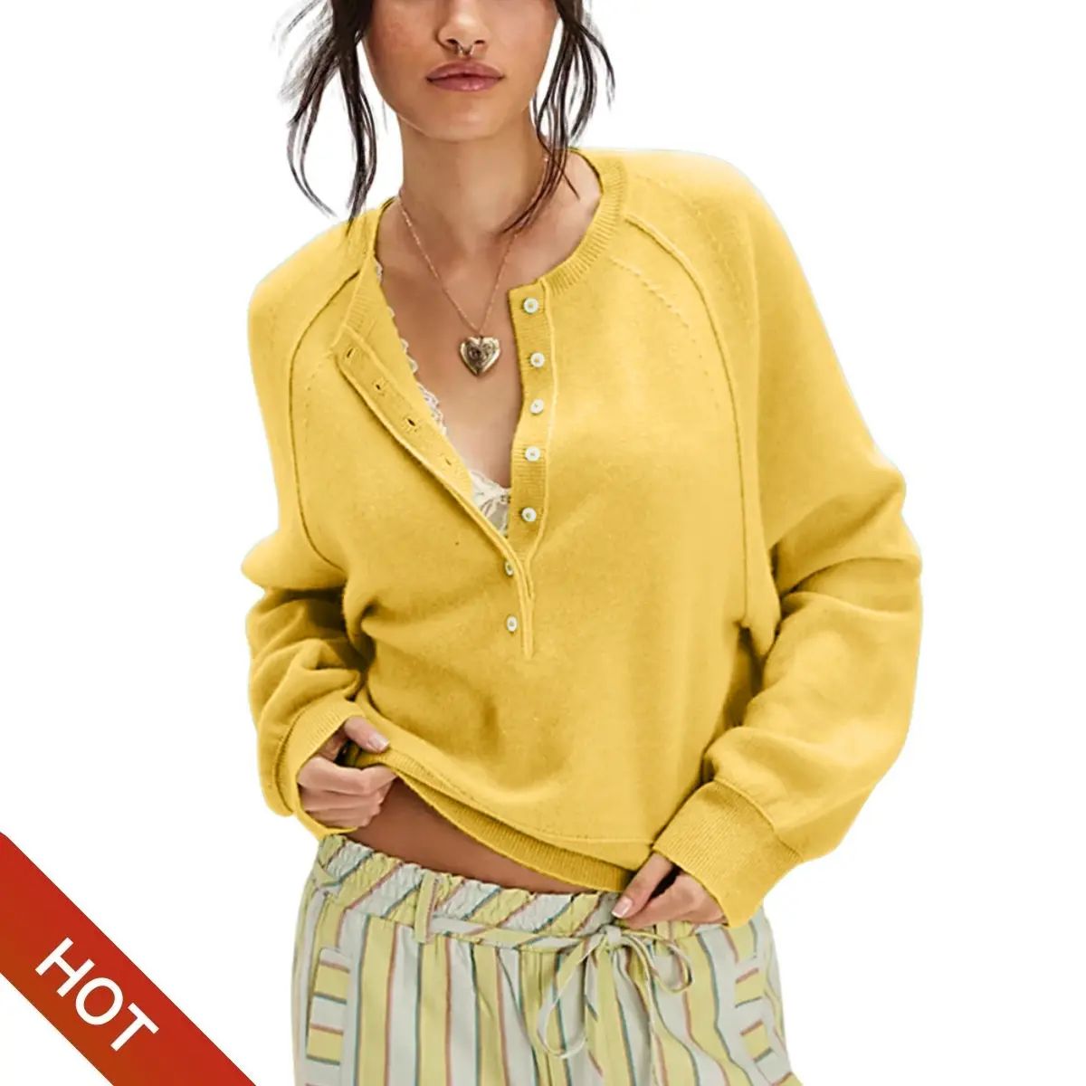 Womens Long Sleeve Knitting Sweater Tops Half Button Sweaters Henley Neckline
