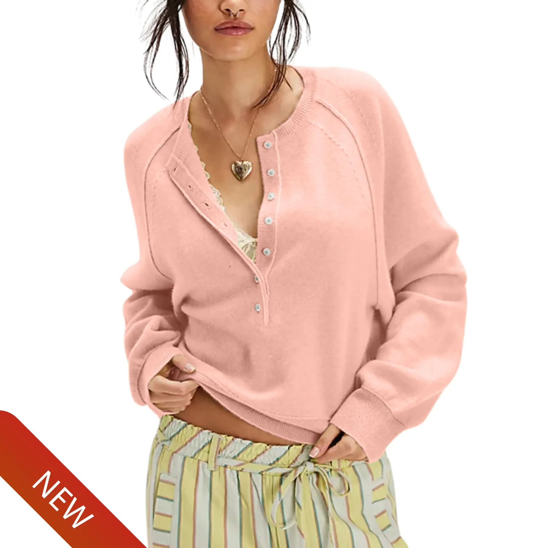 Womens Long Sleeve Knitting Sweater Tops Half Button Sweaters Henley Neckline