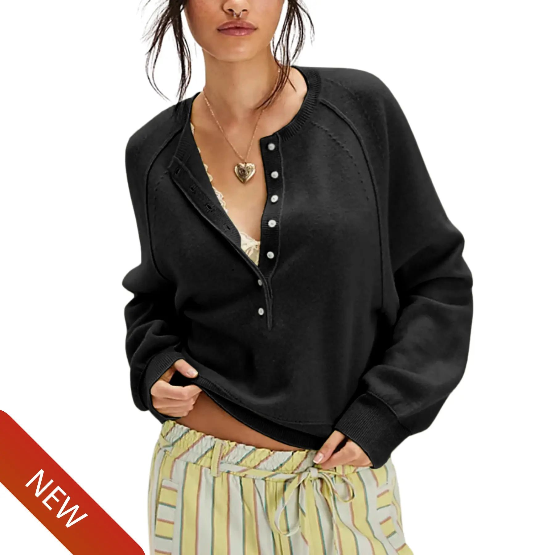 Womens Long Sleeve Knitting Sweater Tops Half Button Sweaters Henley Neckline