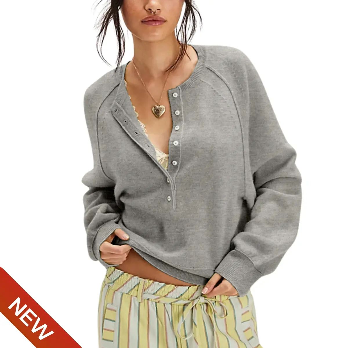 Womens Long Sleeve Knitting Sweater Tops Half Button Sweaters Henley Neckline