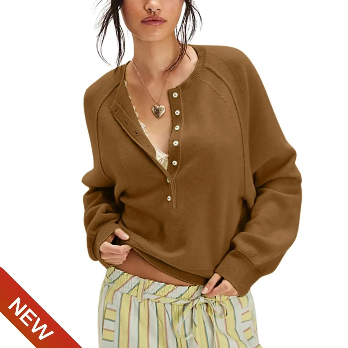 Womens Long Sleeve Knitting Sweater Tops Half Button Sweaters Henley Neckline