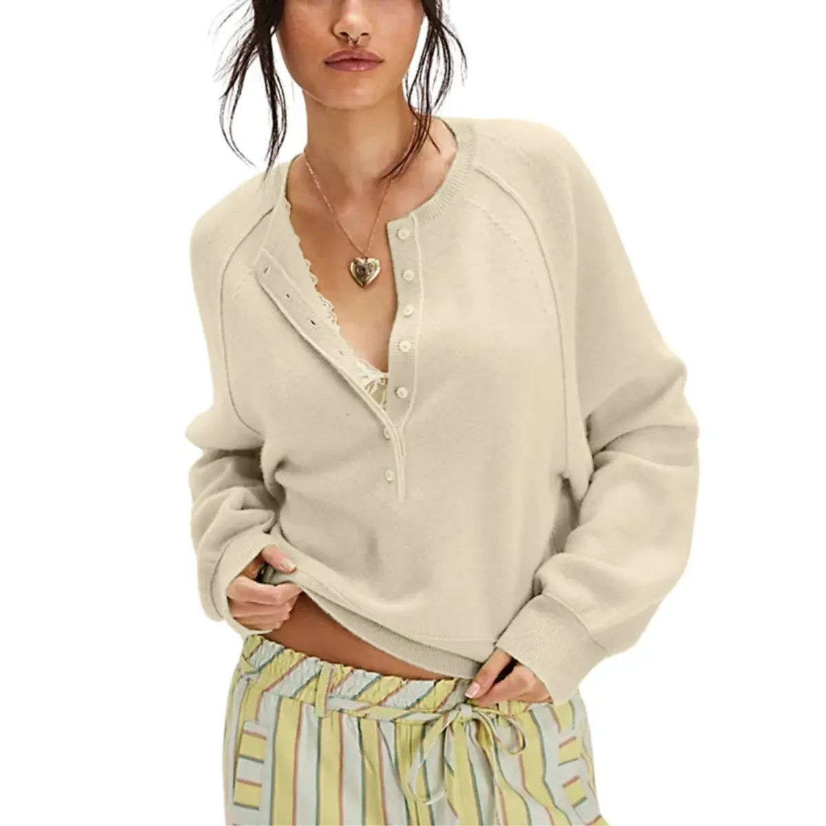 Womens Long Sleeve Knitting Sweater Tops Half Button Sweaters Henley Neckline