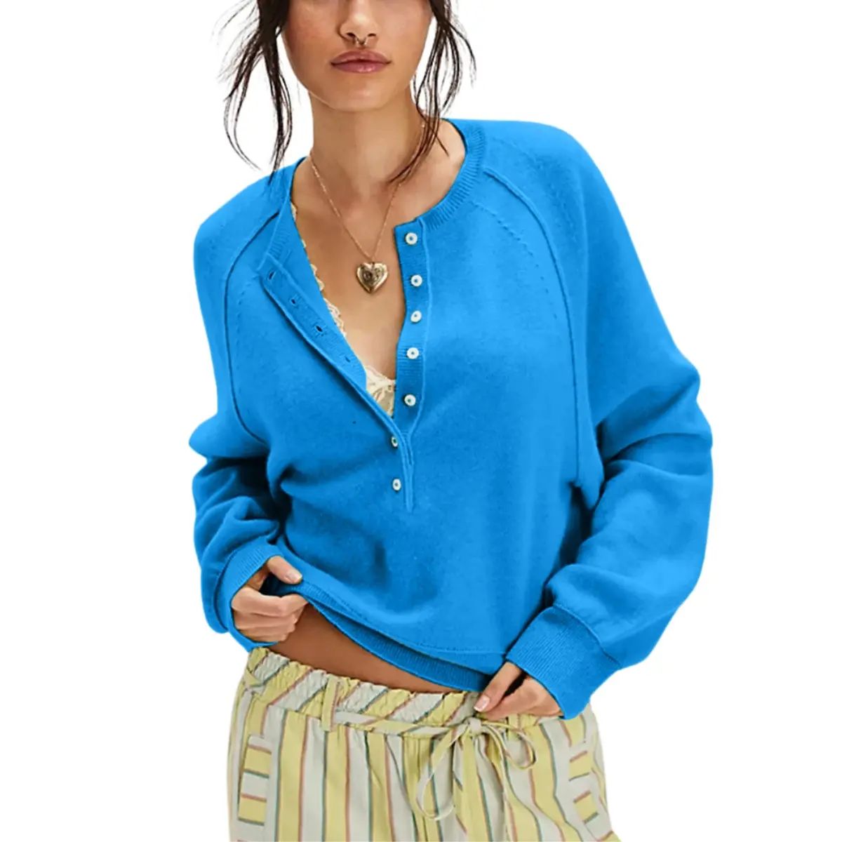 Womens Long Sleeve Knitting Sweater Tops Half Button Sweaters Henley Neckline