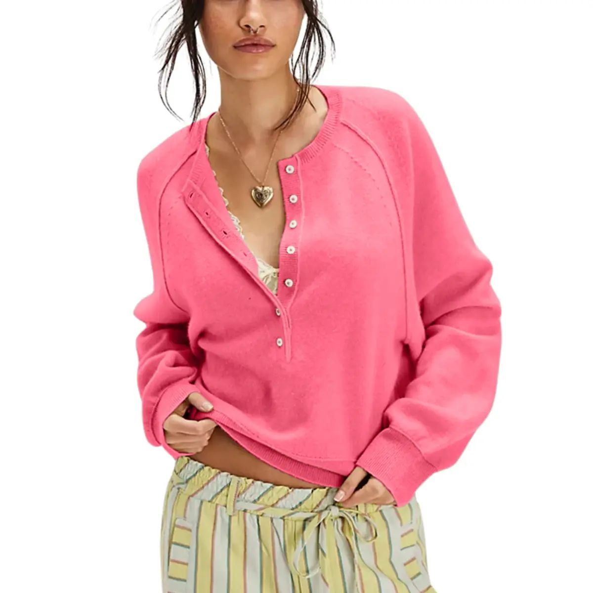 Womens Long Sleeve Knitting Sweater Tops Half Button Sweaters Henley Neckline