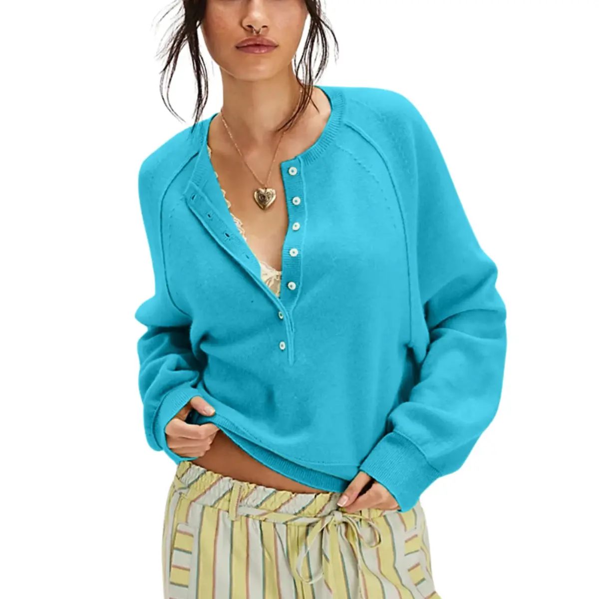 Womens Long Sleeve Knitting Sweater Tops Half Button Sweaters Henley Neckline
