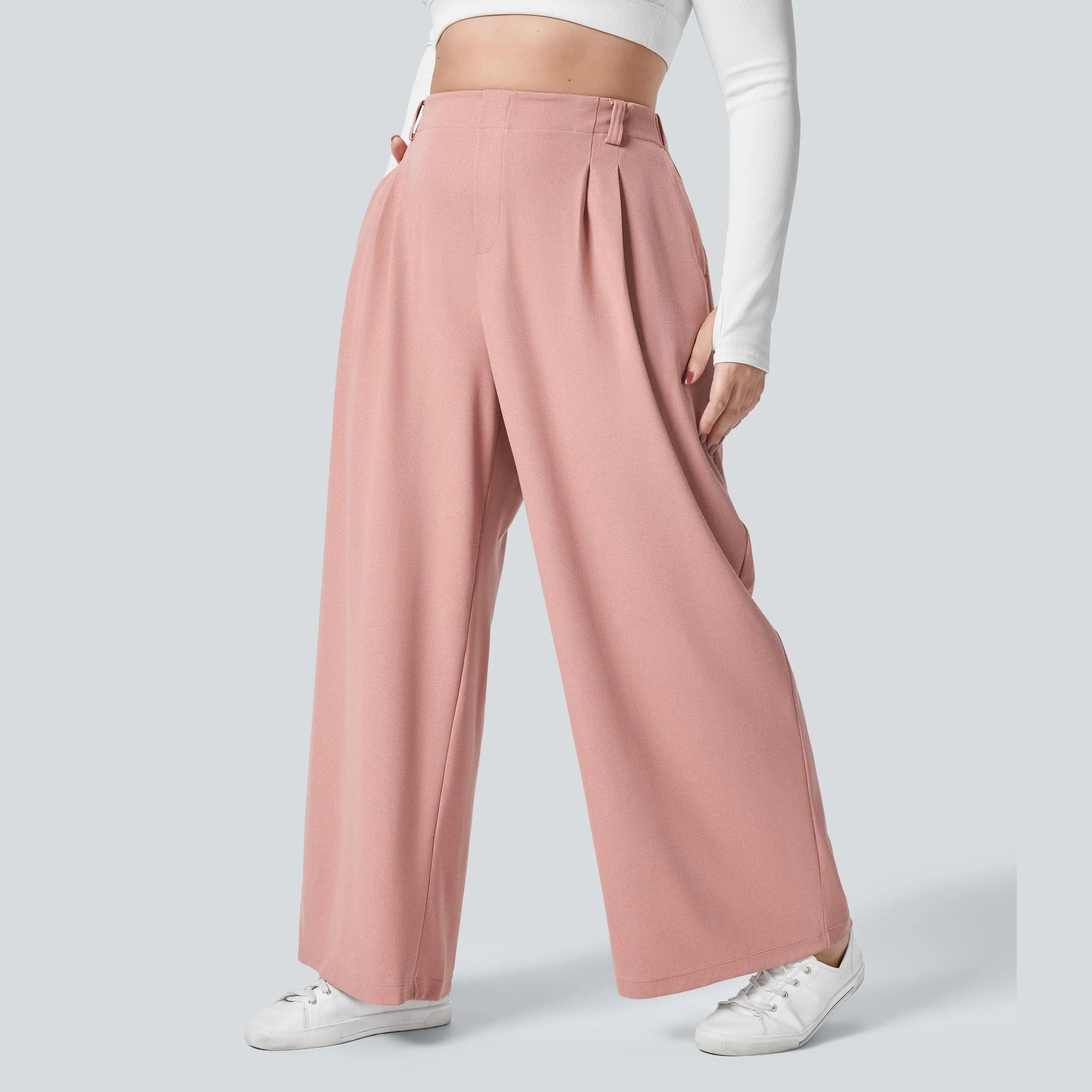 High Waisted Pocket Wide Leg Waffle Work Plus Size Pants