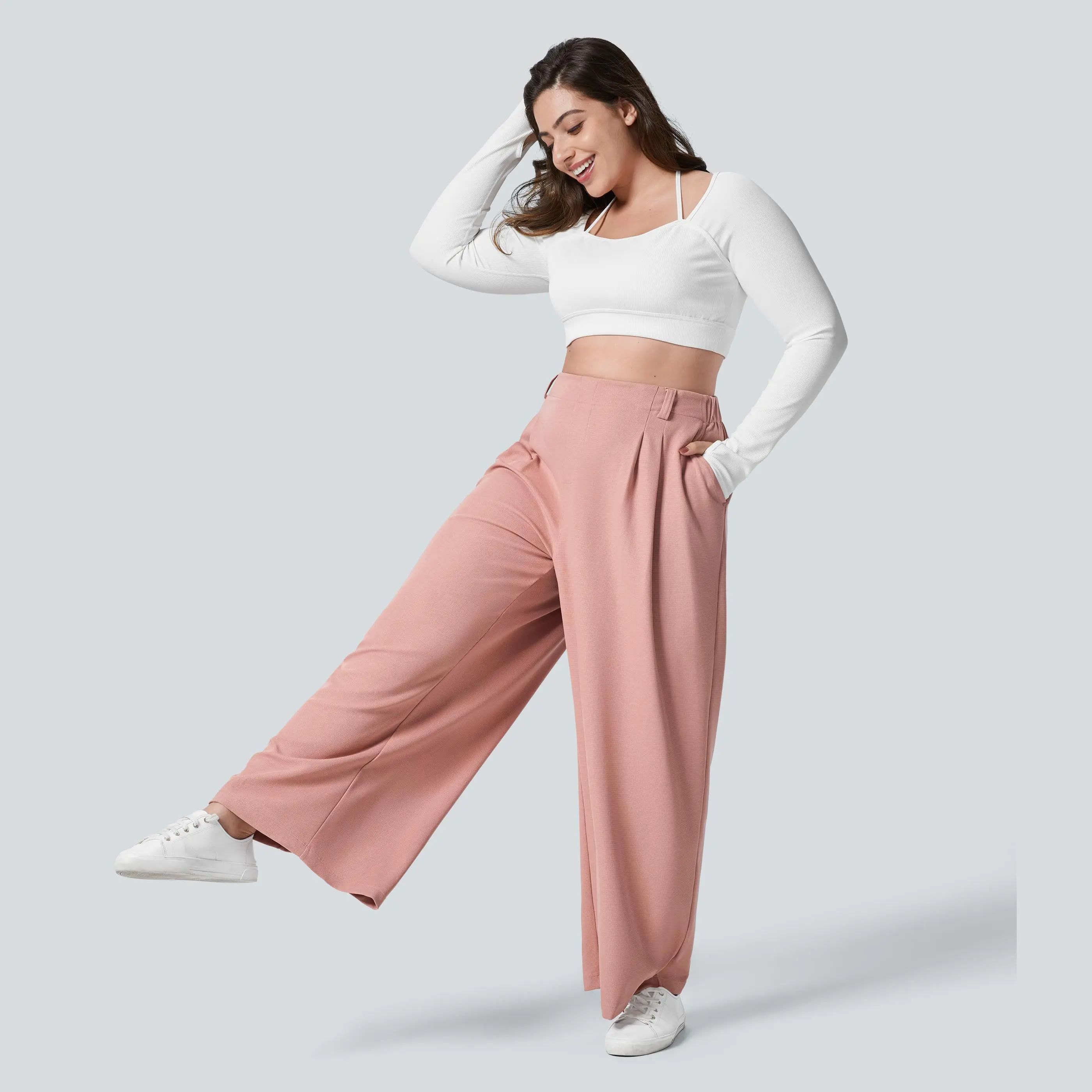 High Waisted Pocket Wide Leg Waffle Work Plus Size Pants