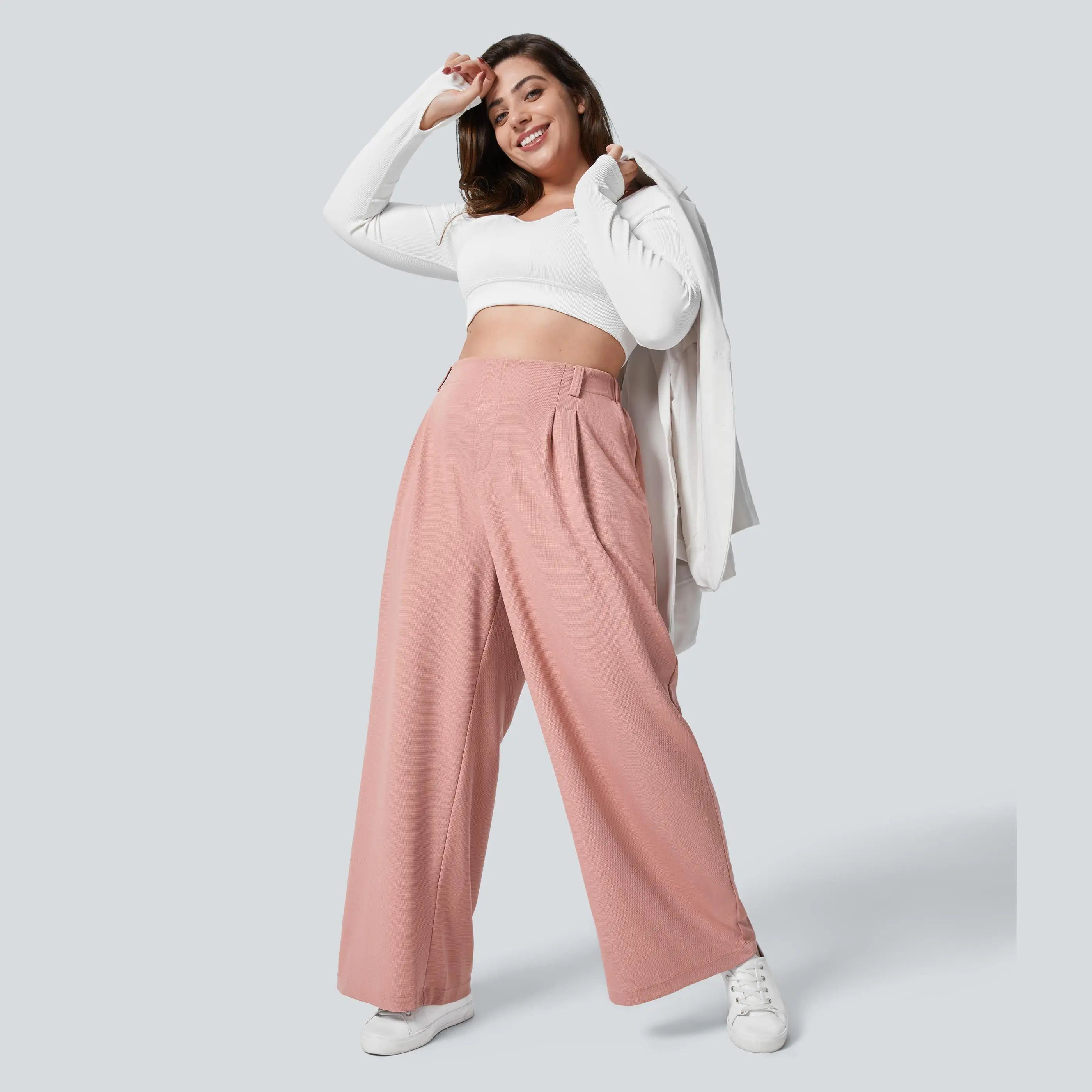 High Waisted Pocket Wide Leg Waffle Work Plus Size Pants