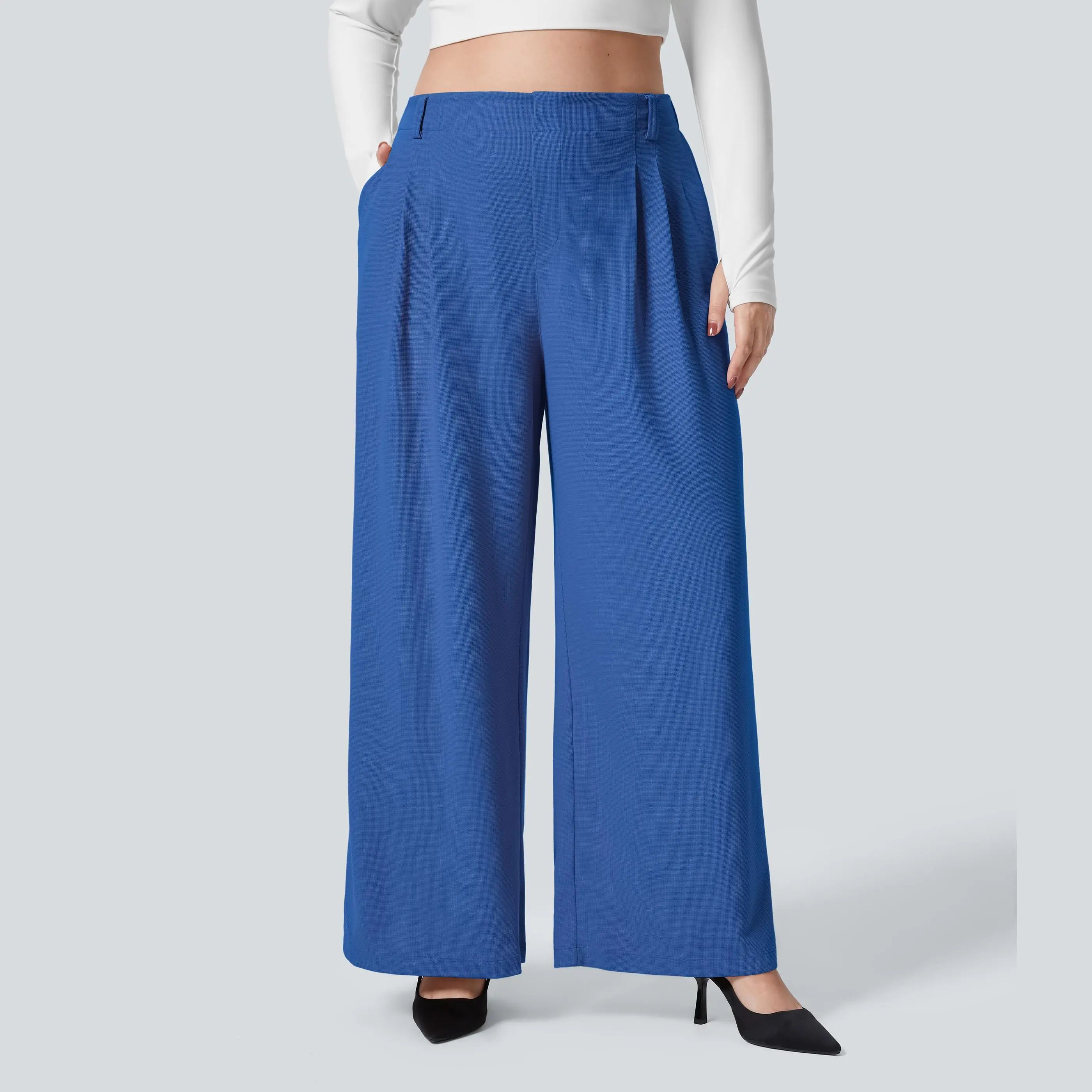 High Waisted Pocket Wide Leg Waffle Work Plus Size Pants