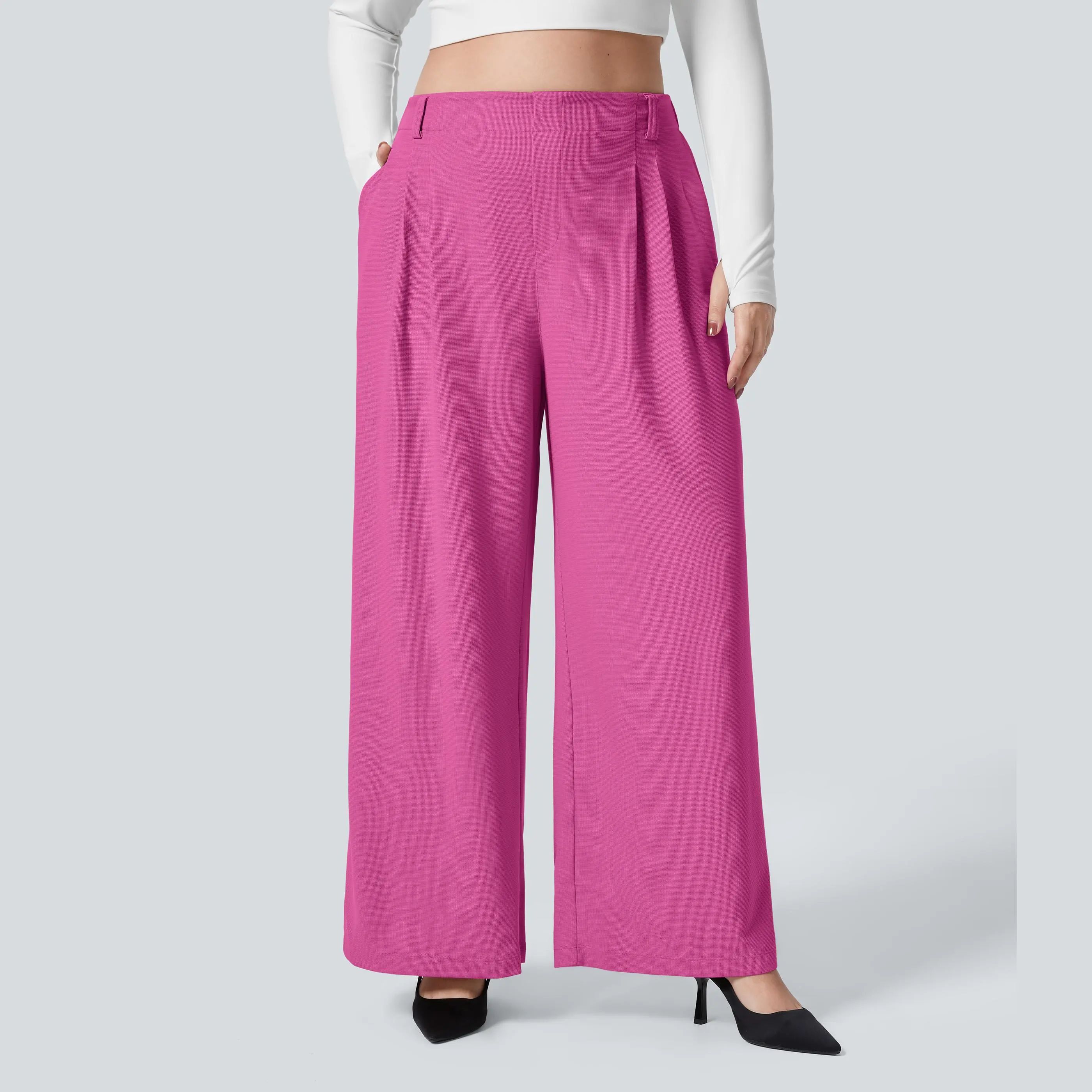 High Waisted Pocket Wide Leg Waffle Work Plus Size Pants