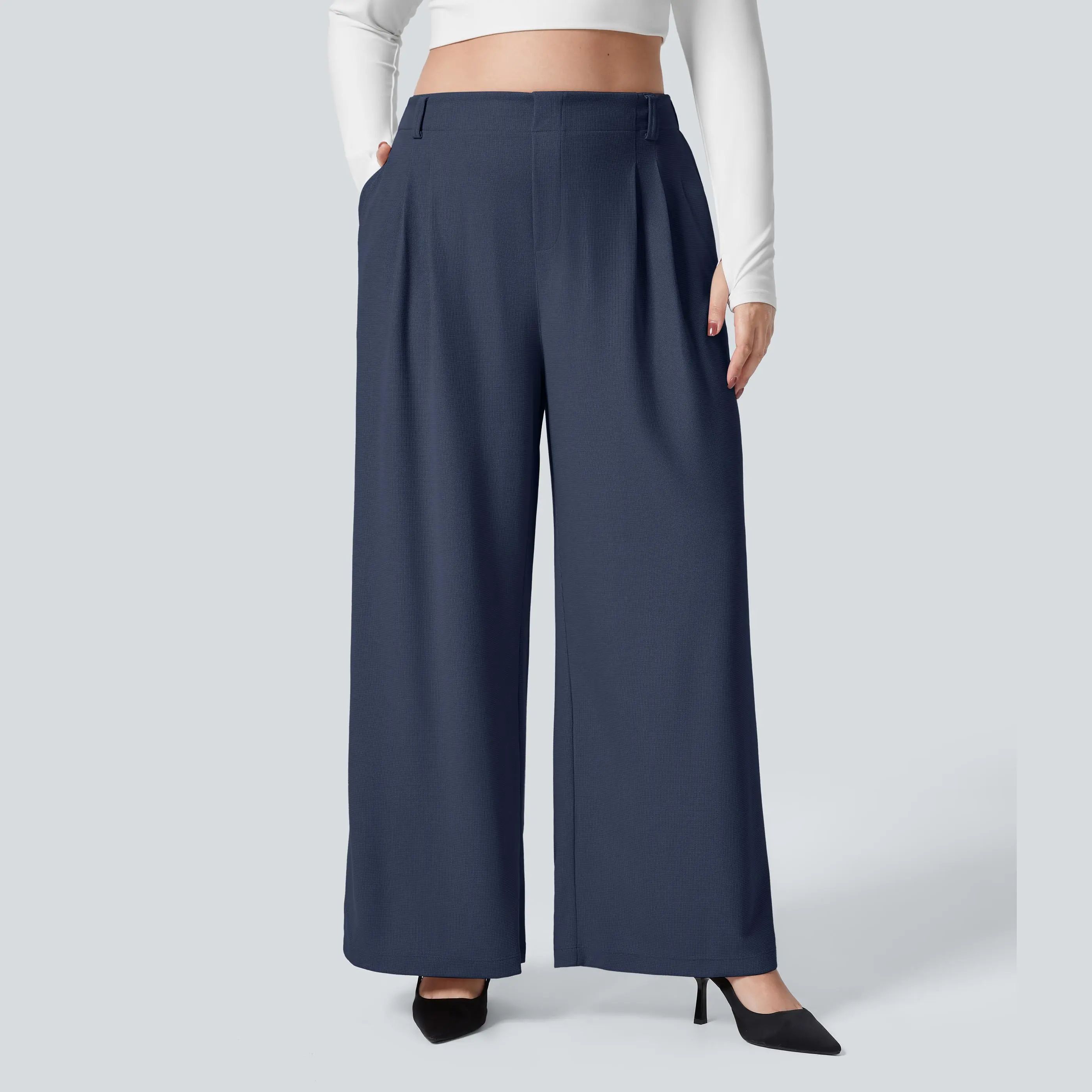 High Waisted Pocket Wide Leg Waffle Work Plus Size Pants