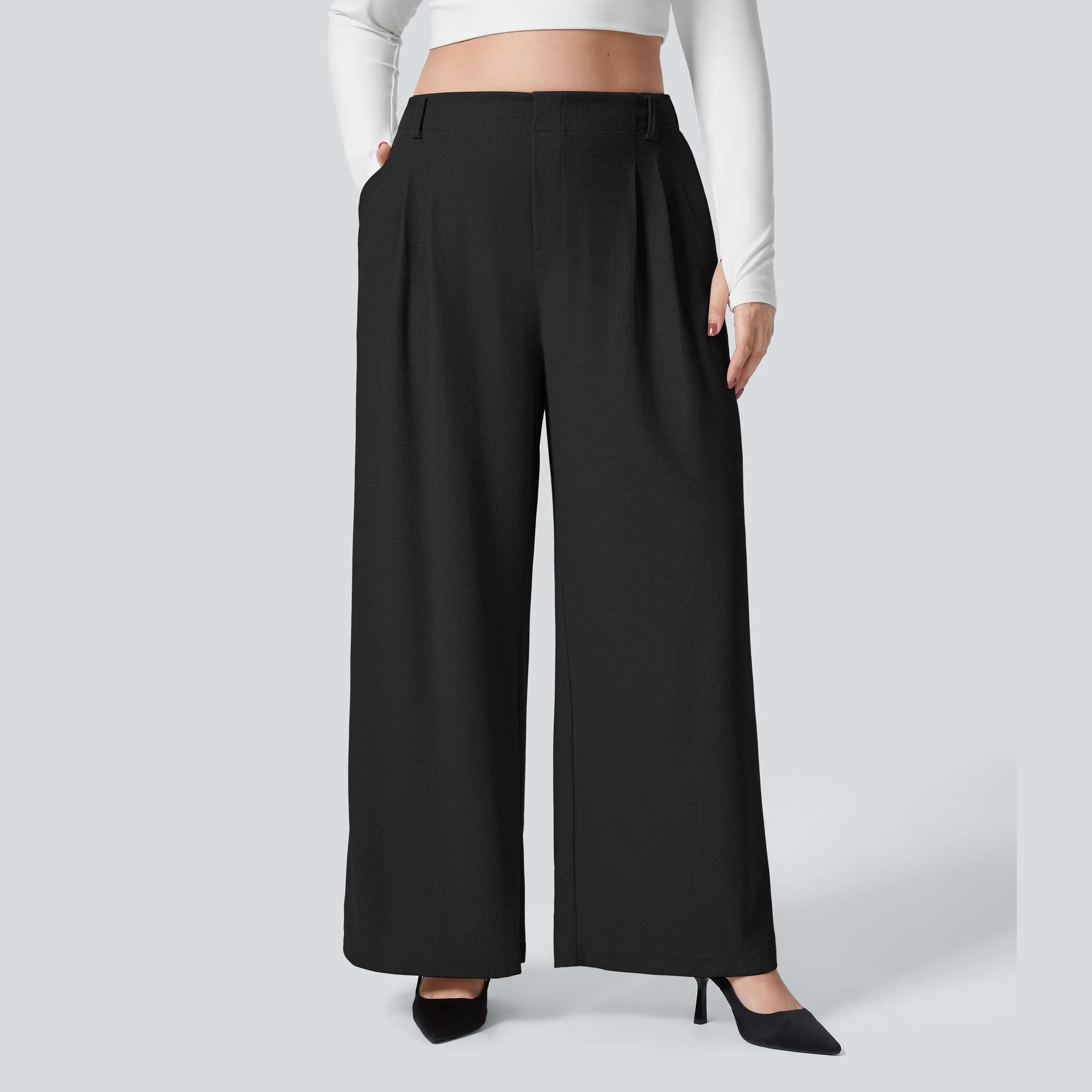High Waisted Pocket Wide Leg Waffle Work Plus Size Pants