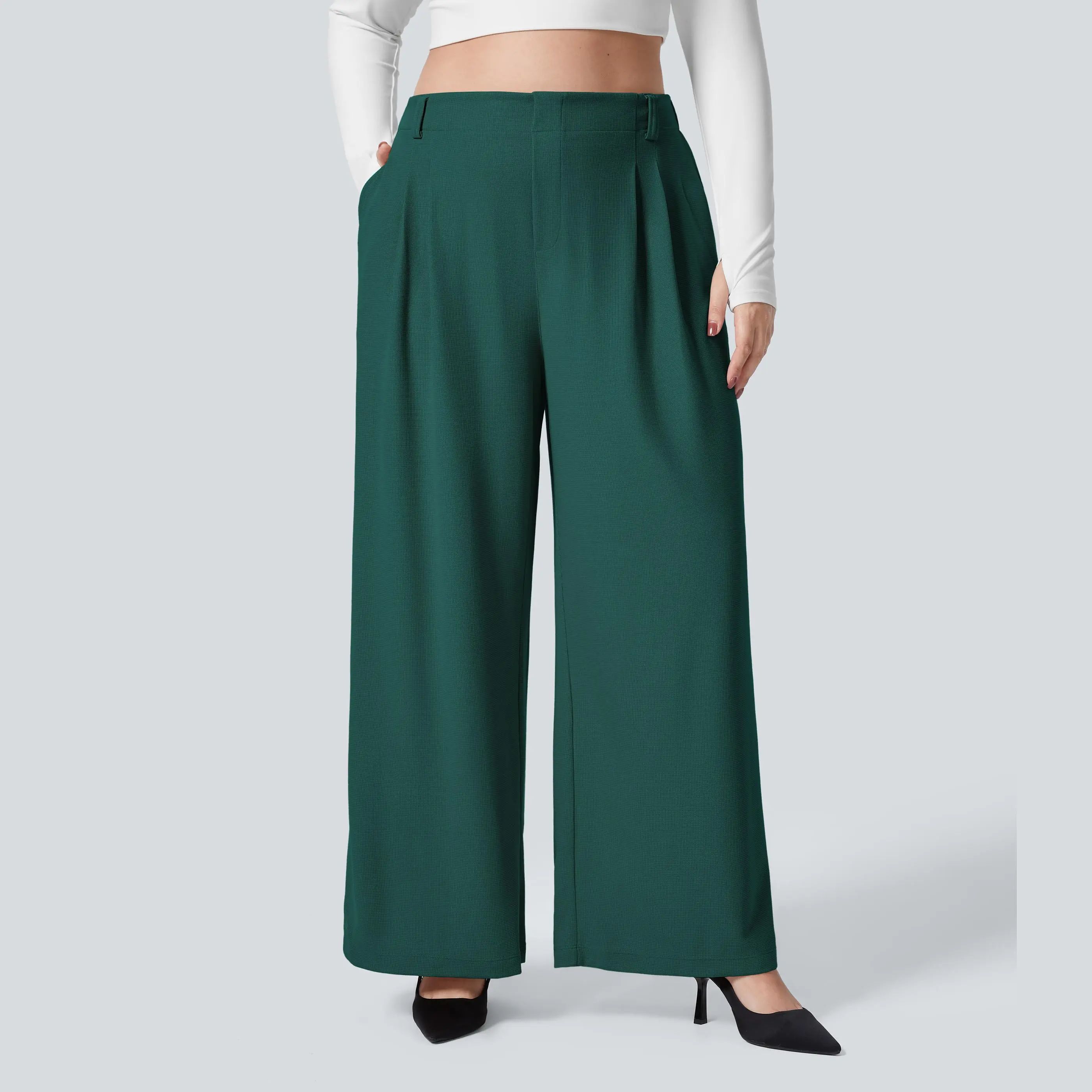 High Waisted Pocket Wide Leg Waffle Work Plus Size Pants