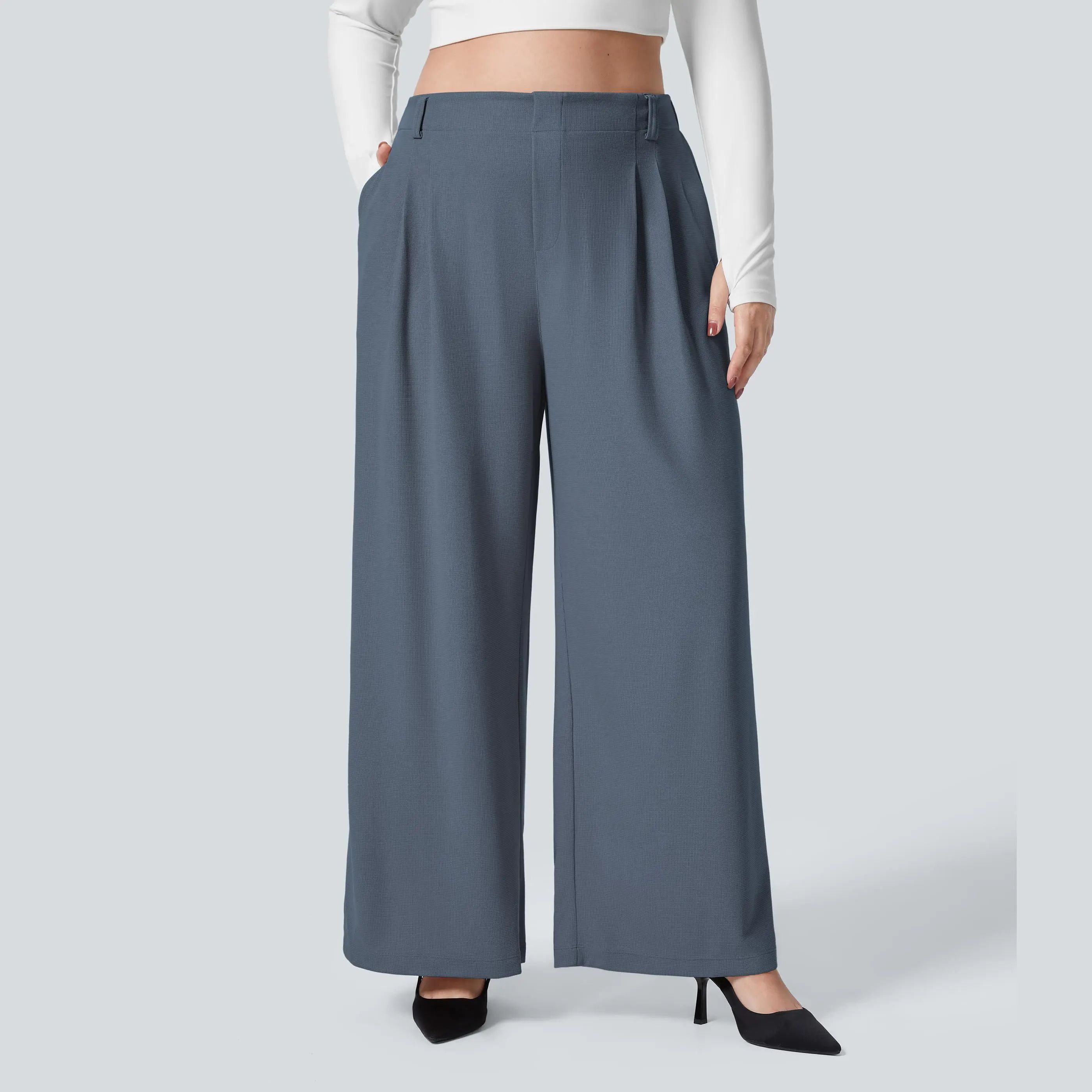 High Waisted Pocket Wide Leg Waffle Work Plus Size Pants