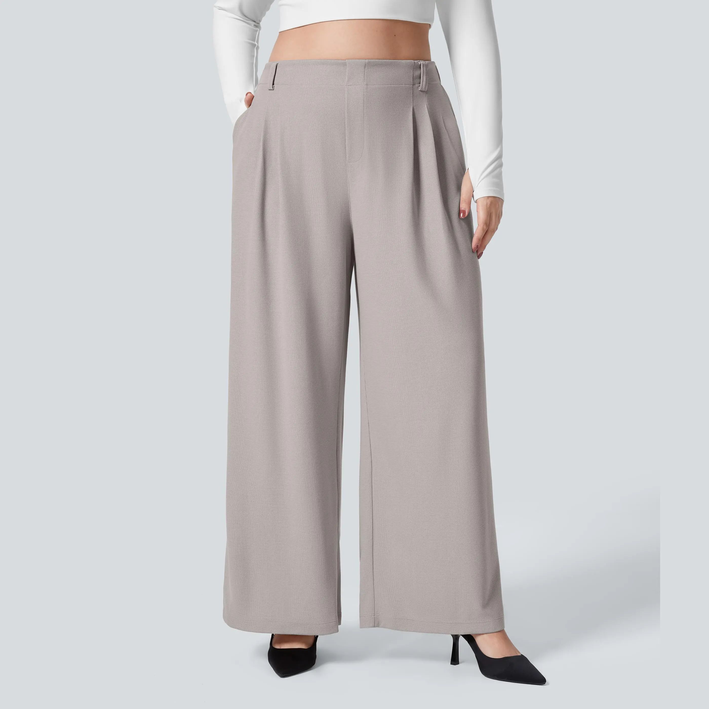 High Waisted Pocket Wide Leg Waffle Work Plus Size Pants