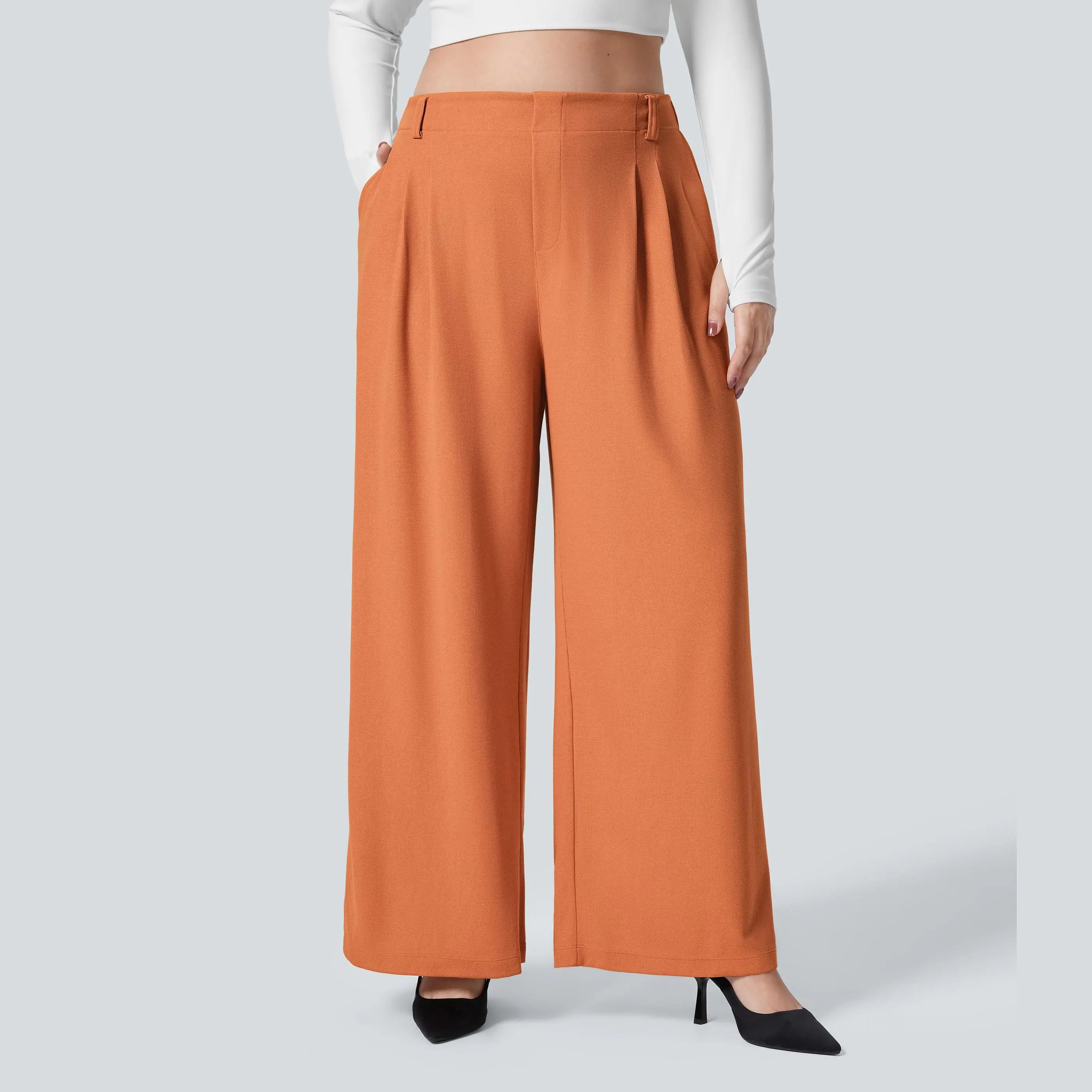 High Waisted Pocket Wide Leg Waffle Work Plus Size Pants