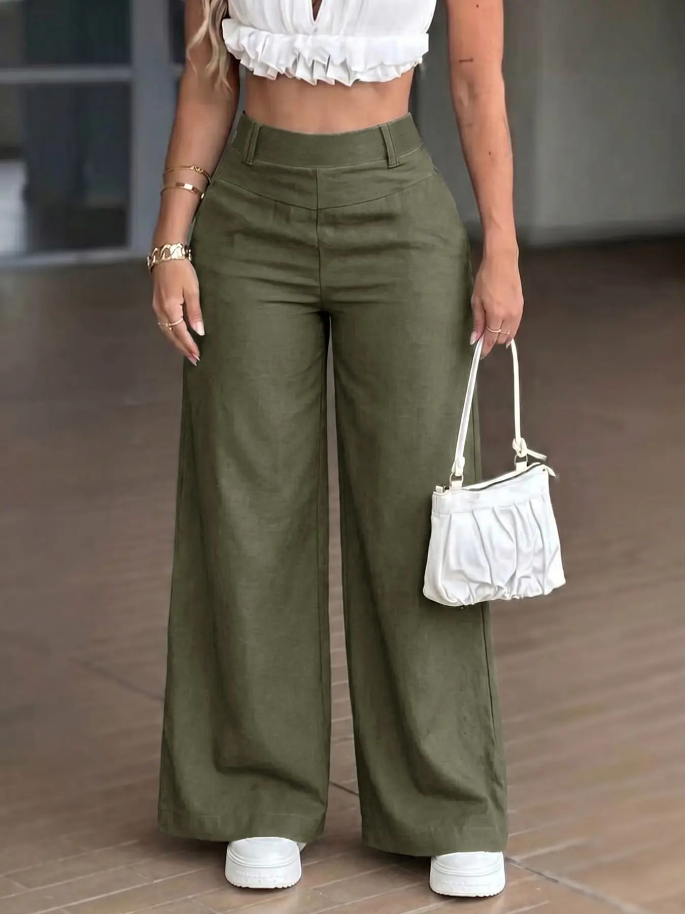 Women's Casual High-Waist Flowy Wide-Leg Pants, Comfortable Loose-Fit Trousers