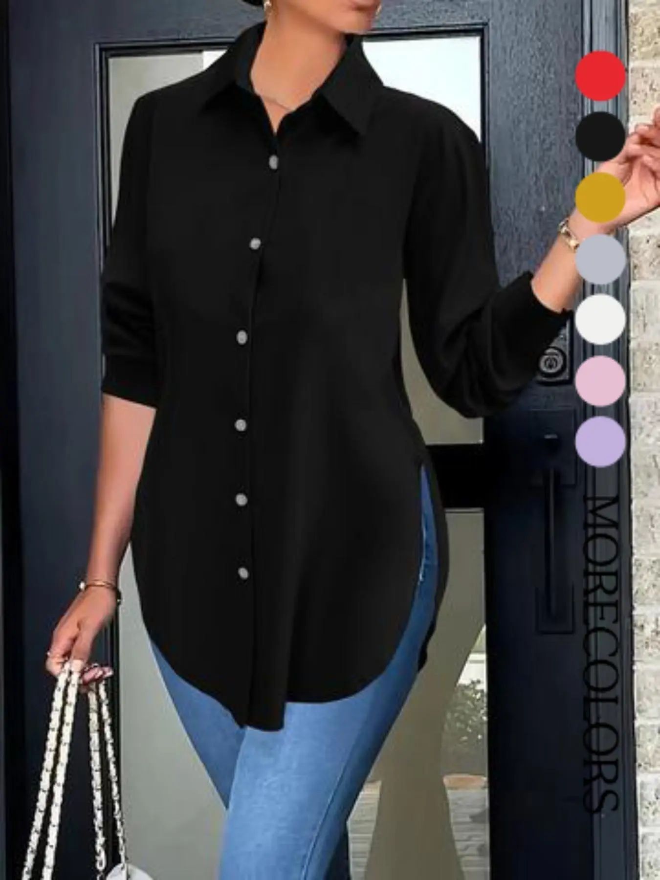 Women's Collared Long Sleeve Shirt, Fitted Outer Shell, Moderate Fabric Thickness, Casual Style, Spring & Fall Wear