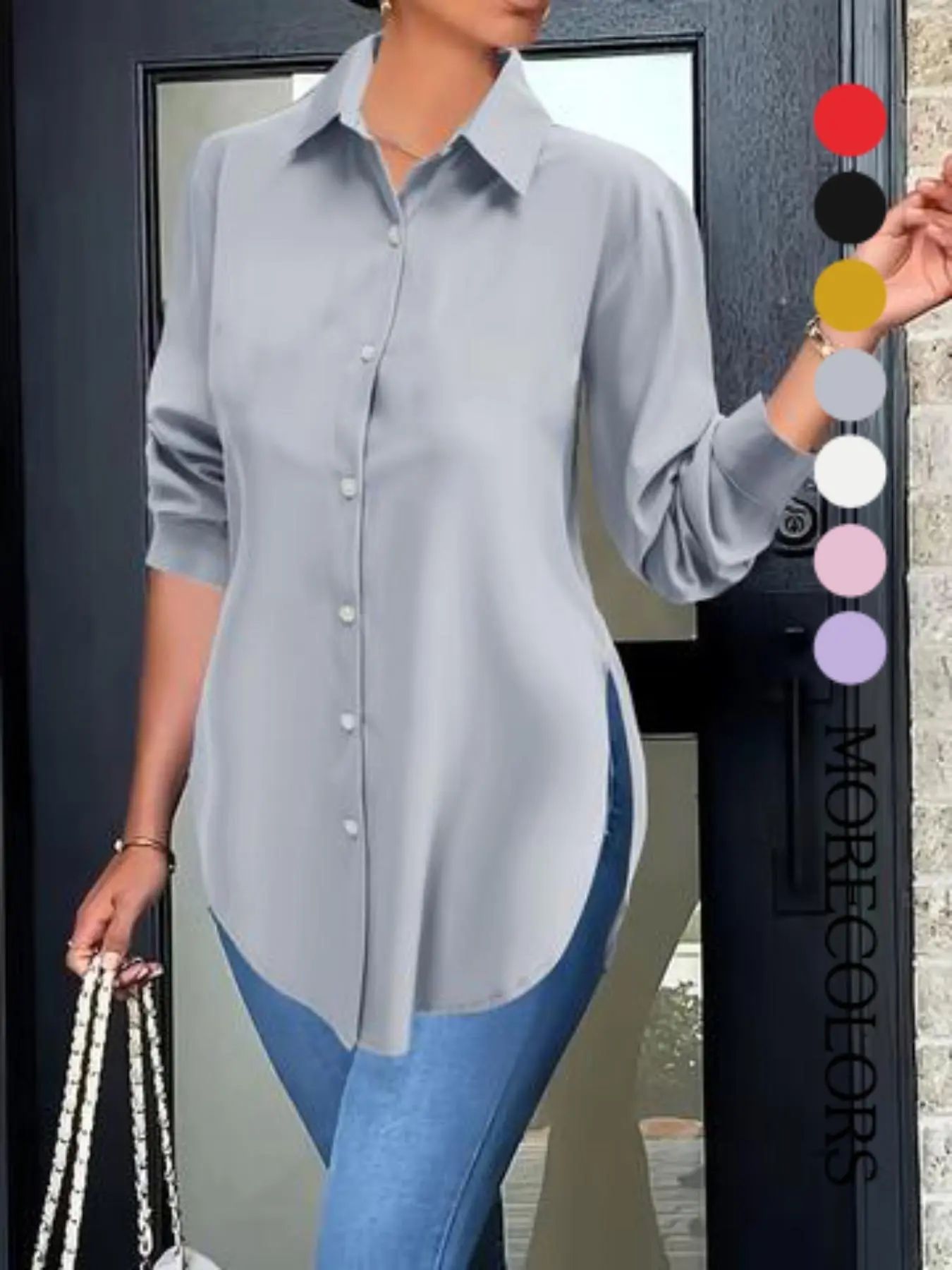 Women's Collared Long Sleeve Shirt, Fitted Outer Shell, Moderate Fabric Thickness, Casual Style, Spring & Fall Wear
