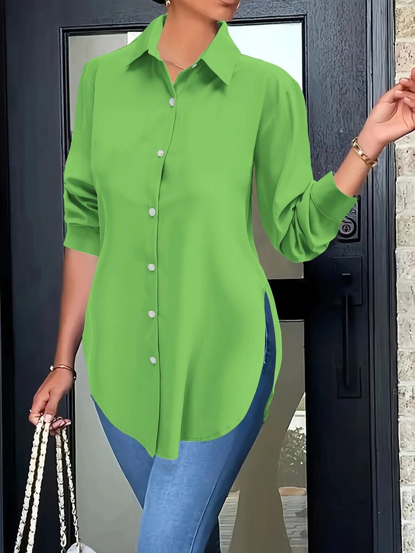 Women's Collared Long Sleeve Shirt, Fitted Outer Shell, Moderate Fabric Thickness, Casual Style, Spring & Fall Wear