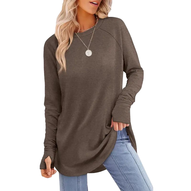 Women's Casual Tunic Tops to Wear with Leggings, Long Sleeve Round Neck Spandex Shirt with Thumb Holes and Curved Hem