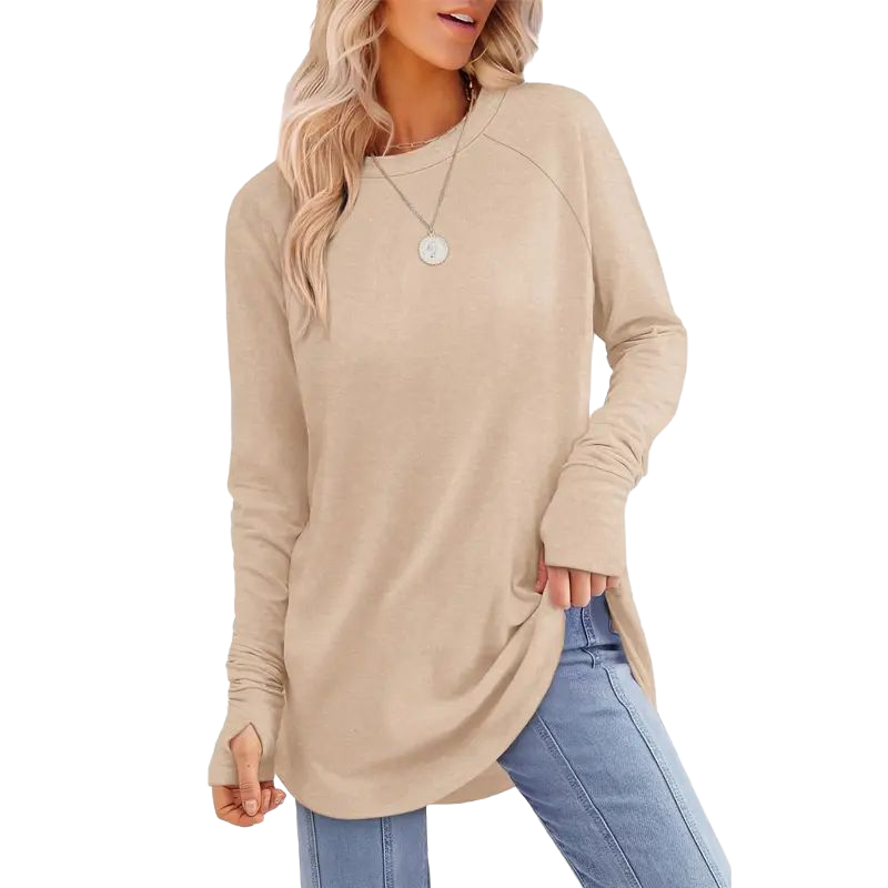 Women's Casual Tunic Tops to Wear with Leggings, Long Sleeve Round Neck Spandex Shirt with Thumb Holes and Curved Hem