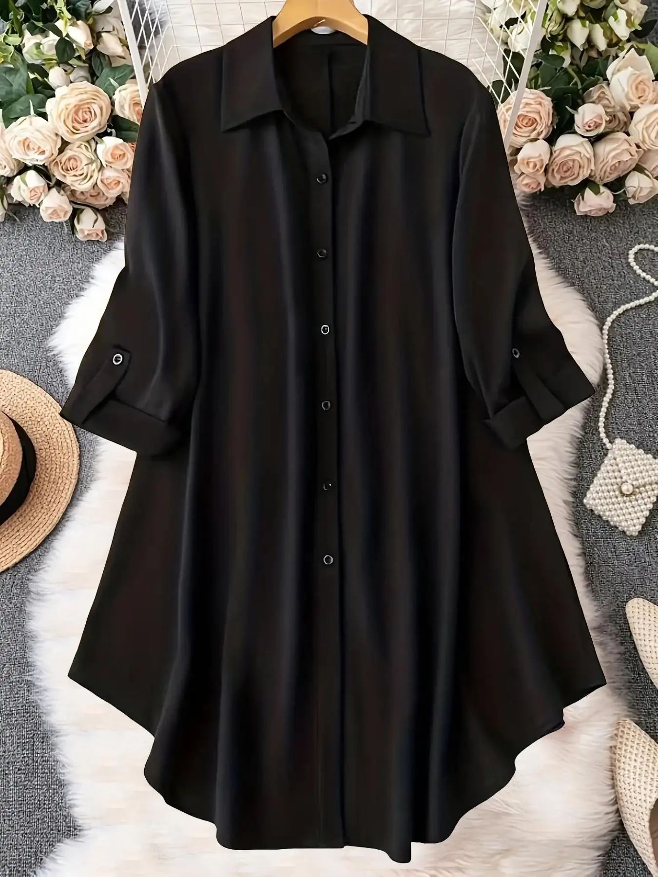 Plus-Size Solid Long Sleeve Button Up Blouse, Casual Classy Elegant Button Front Collared Top for Spring & Fall