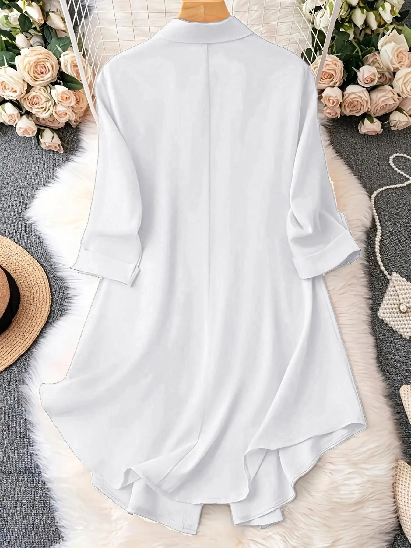 Plus-Size Solid Long Sleeve Button Up Blouse, Casual Classy Elegant Button Front Collared Top for Spring & Fall
