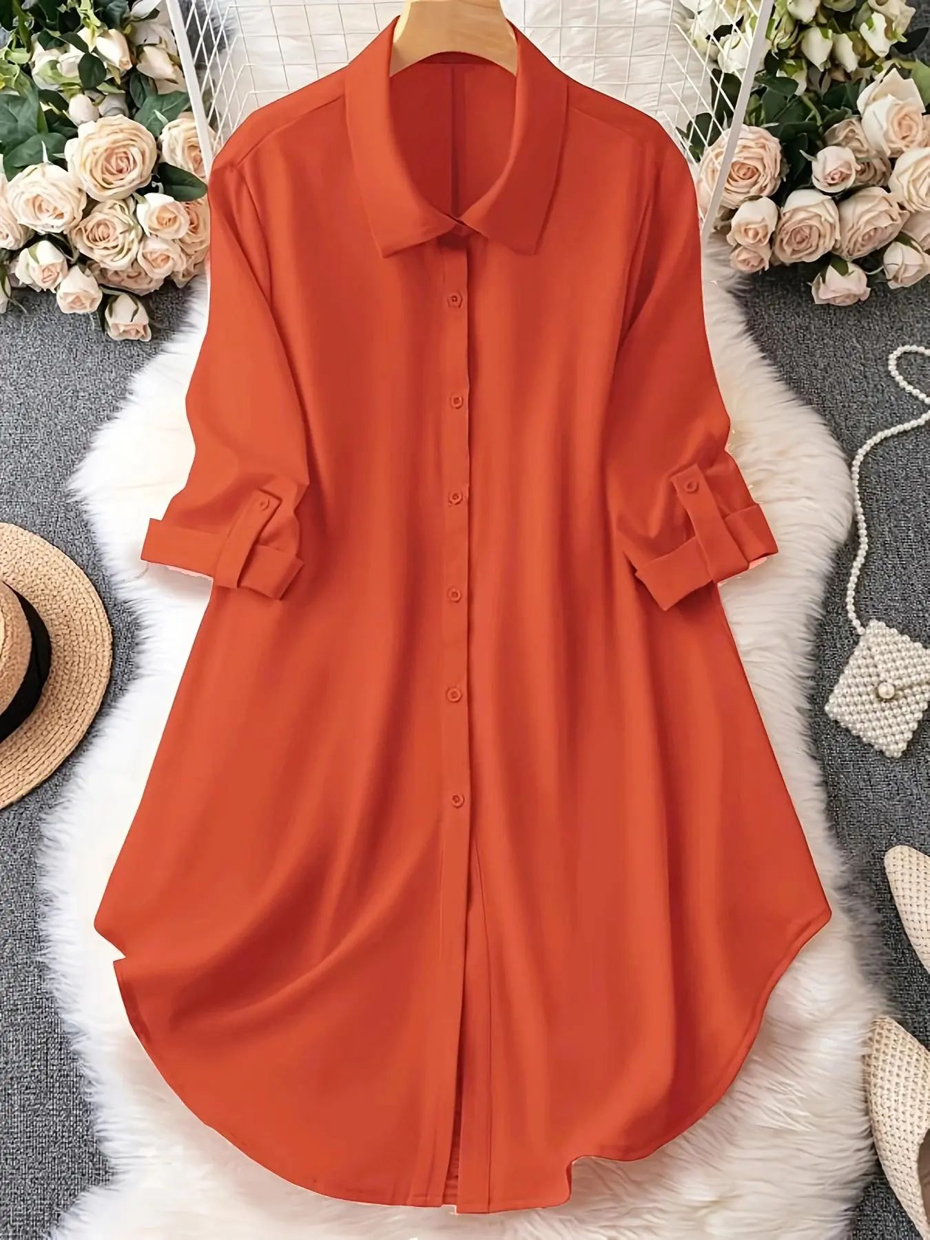 Plus-Size Solid Long Sleeve Button Up Blouse, Casual Classy Elegant Button Front Collared Top for Spring & Fall