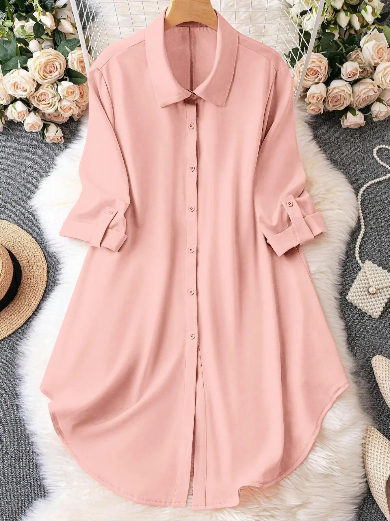 Plus-Size Solid Long Sleeve Button Up Blouse, Casual Classy Elegant Button Front Collared Top for Spring & Fall