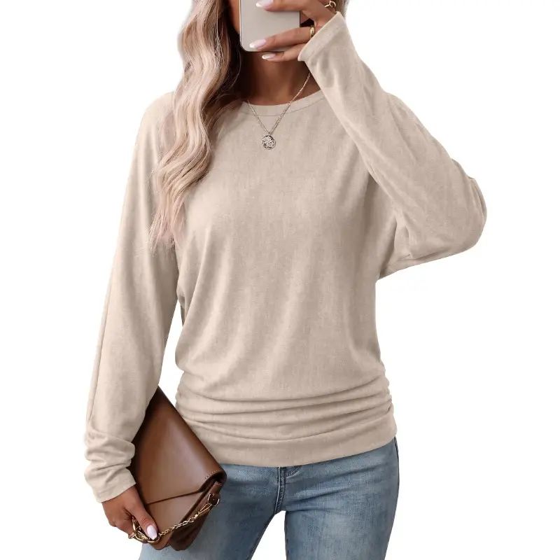 Womens Long Sleeve Shirts Ruched Hem Fall Tops Lightweight Sweaters