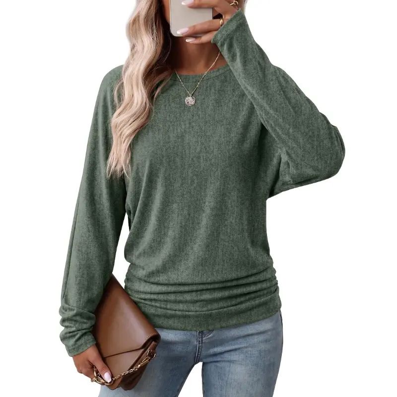 Womens Long Sleeve Shirts Ruched Hem Fall Tops Lightweight Sweaters