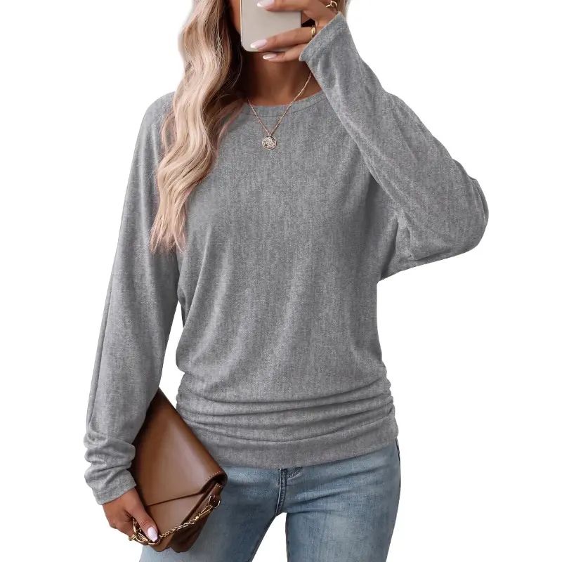 Womens Long Sleeve Shirts Ruched Hem Fall Tops Lightweight Sweaters