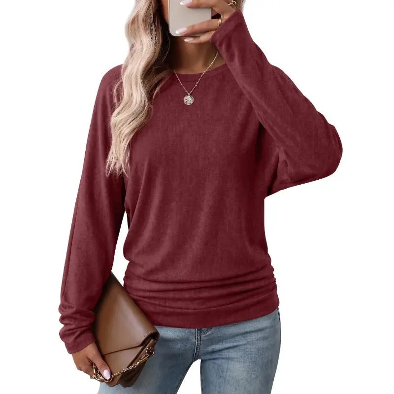 Womens Long Sleeve Shirts Ruched Hem Fall Tops Lightweight Sweaters