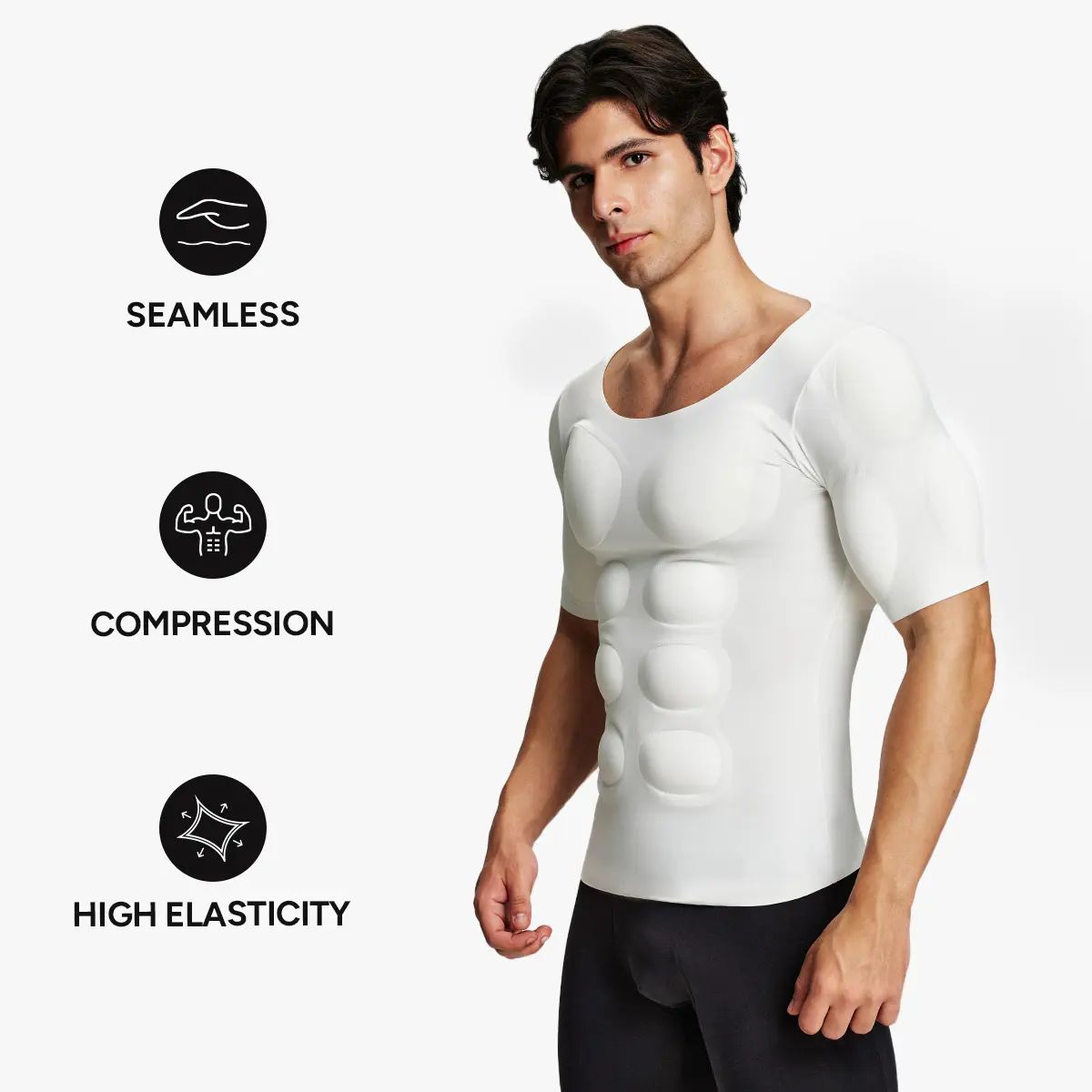 Men’s Invisible Seamless Muscle-Enhancing T-Shirt with Removable Muscle Pads and Light Compression Function