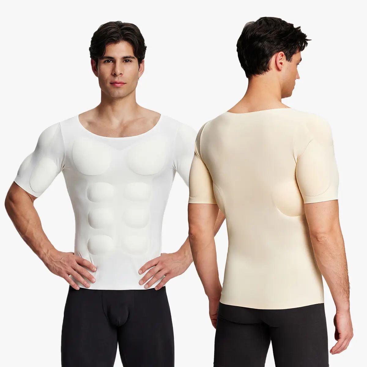 Men’s Invisible Seamless Muscle-Enhancing T-Shirt with Removable Muscle Pads and Light Compression Function