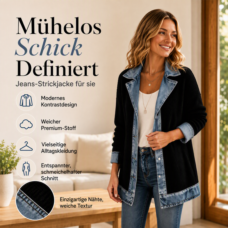 RABATT! ⭐ Eleganter Damenmantel aus Denim mit geripptem Strick-Einsatz