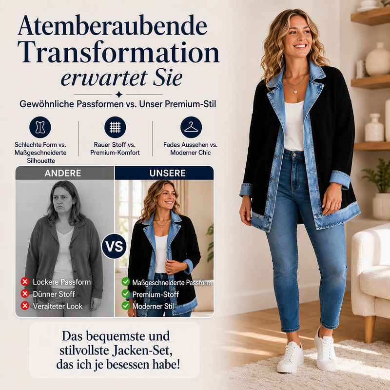 RABATT! ⭐ Eleganter Damenmantel aus Denim mit geripptem Strick-Einsatz