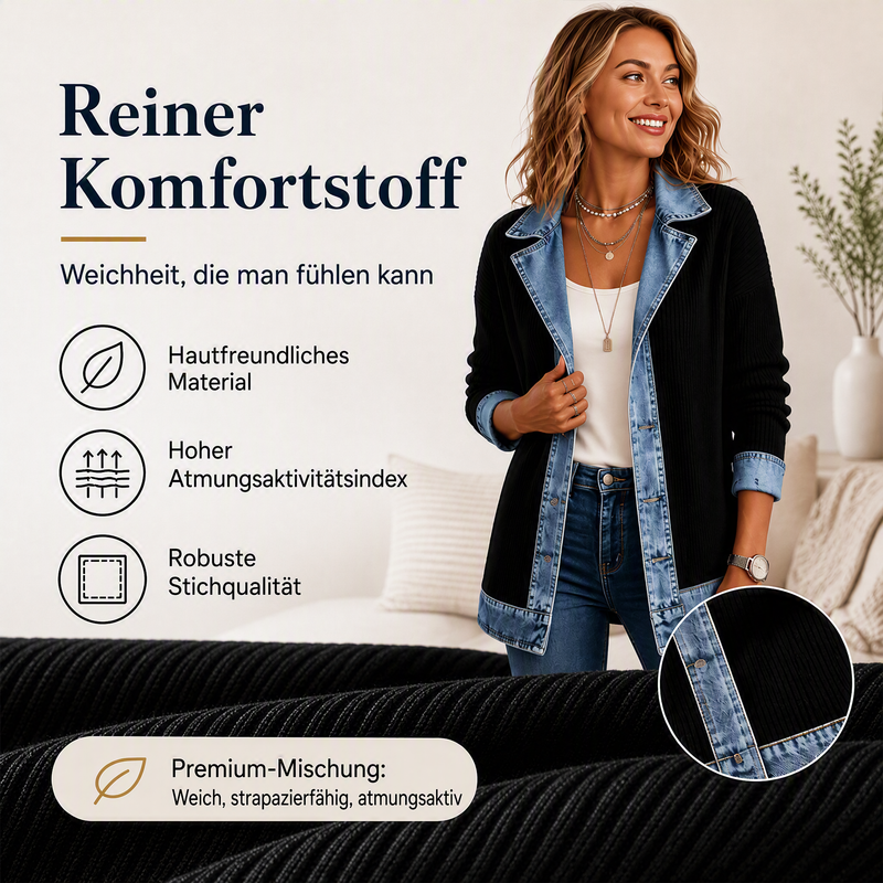 RABATT! ⭐ Eleganter Damenmantel aus Denim mit geripptem Strick-Einsatz